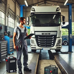 Tecnico che controlla un camion durante la revisione obbligatoria