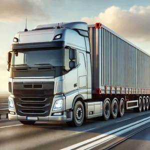 Camion moderno con carico fissato in sicurezza su autostrada, evidenziando la sicurezza nel trasporto merci.