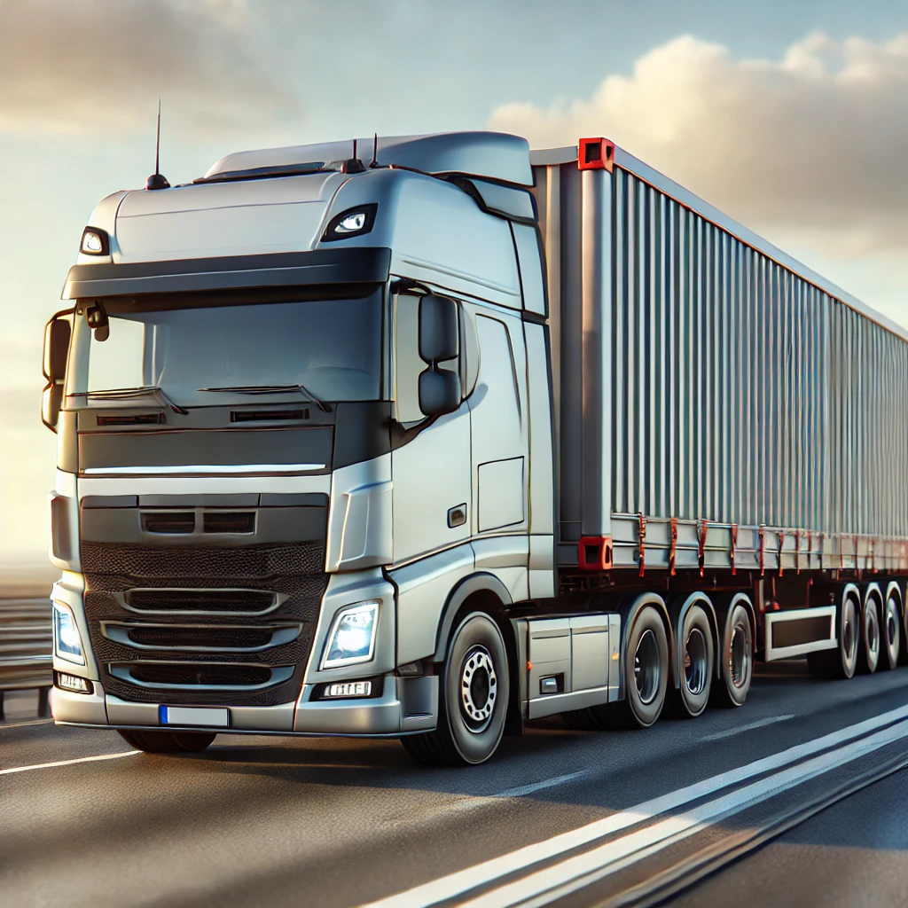 Camion moderno con carico fissato in sicurezza su autostrada, evidenziando la sicurezza nel trasporto merci.