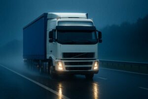 camion in viaggio su strada nazionale, in condizione meteo non perfetta (es. cielo coperto, pioggia