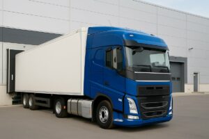 Camion blu davanti a un magazzino logistico, simbolo di collaborazione continuativa nel trasporto merci aziendale
