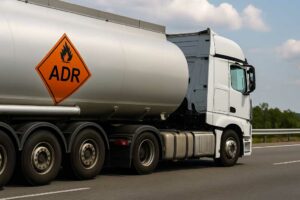 Camion ADR su strada, immagine rappresentativa del trasporto sicuro di merci pericolose secondo normativa europea