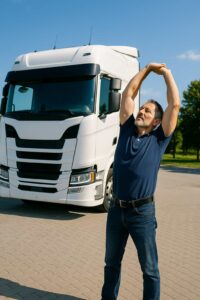 Autista fa stretching accanto al camion in una piazzola soleggiata, simbolo di benessere e sicurezza su strada.