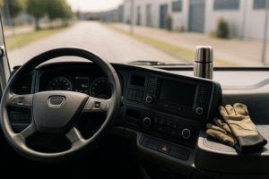 Vista interna cabina camion: volante, cruscotto, thermos e guanti, con strada all’esterno
